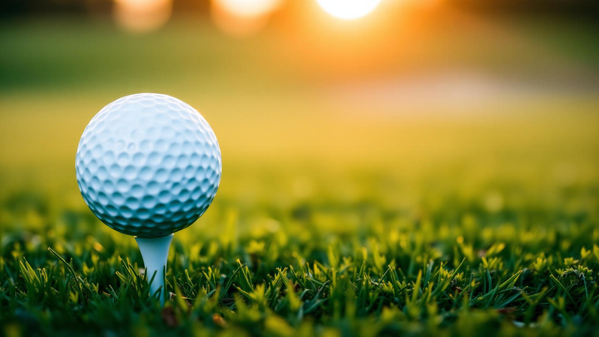 Golf ball on tee at sunset